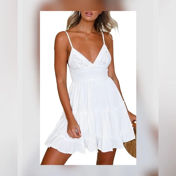 Womens V-Neck Spaghetti Strap Bowknot Backless Sleeveless Lace Mini Swing Skater Dress White / S